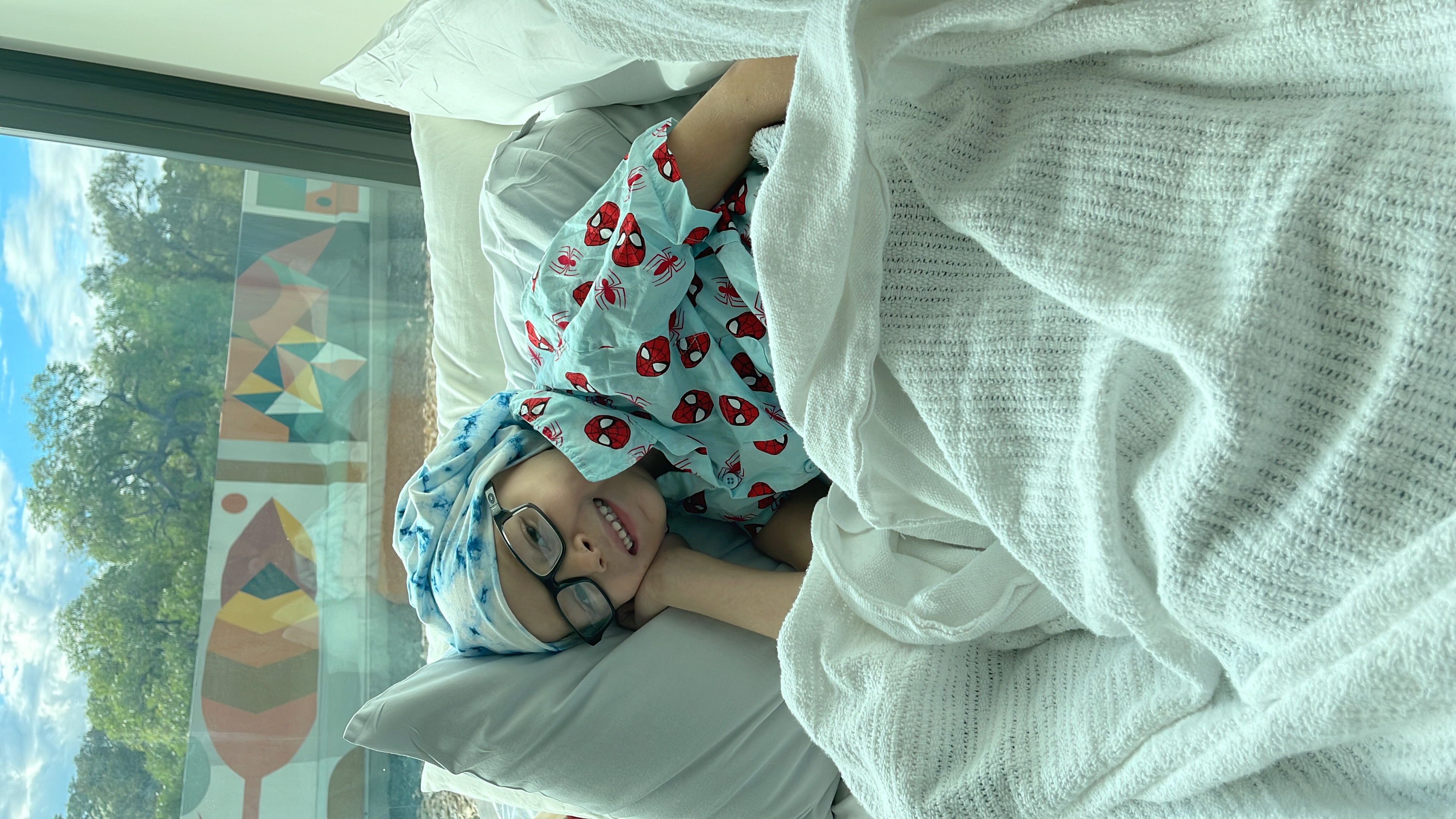 Photo of boy recovering in hospital diagnosed with bilateral retinoblastoma