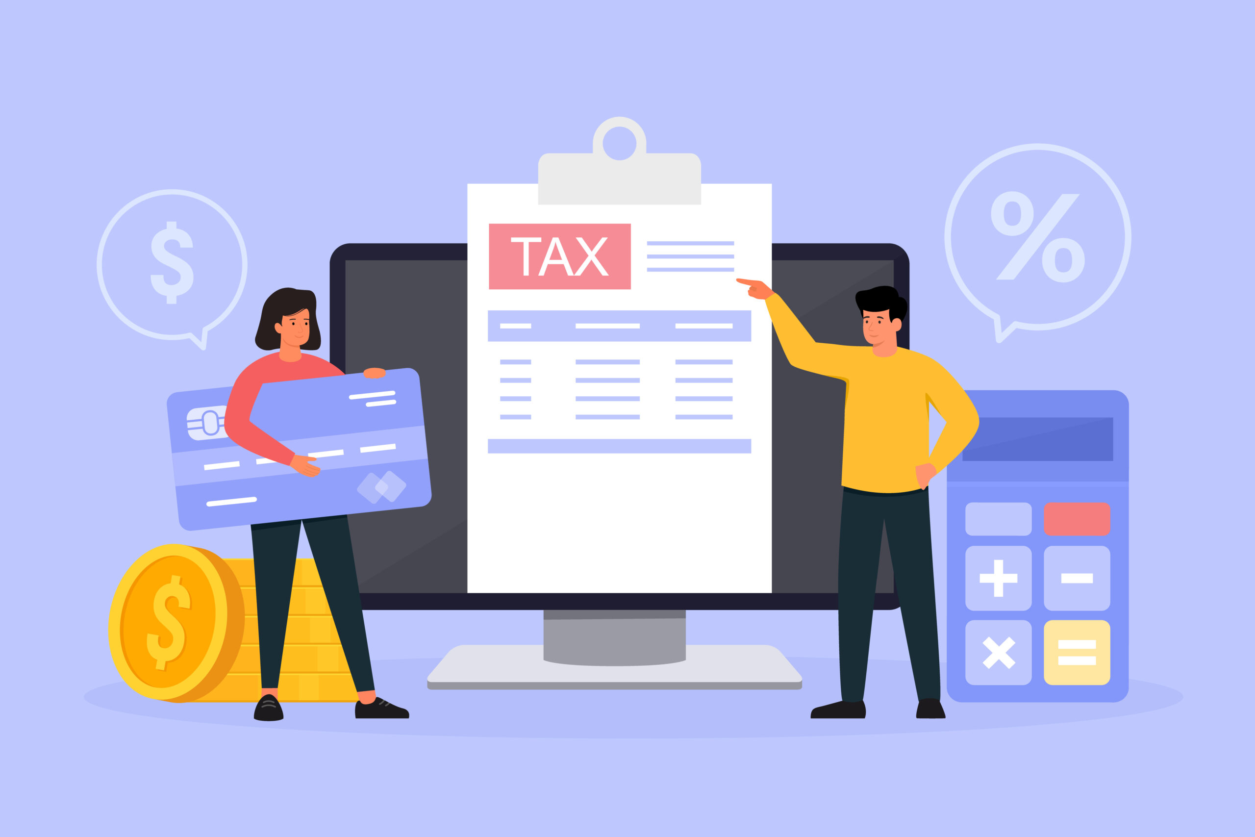 Online tax payment concept. Tax return calculation. Young man and woman characters filling application for tax form and pay online. Flat vector illustration.