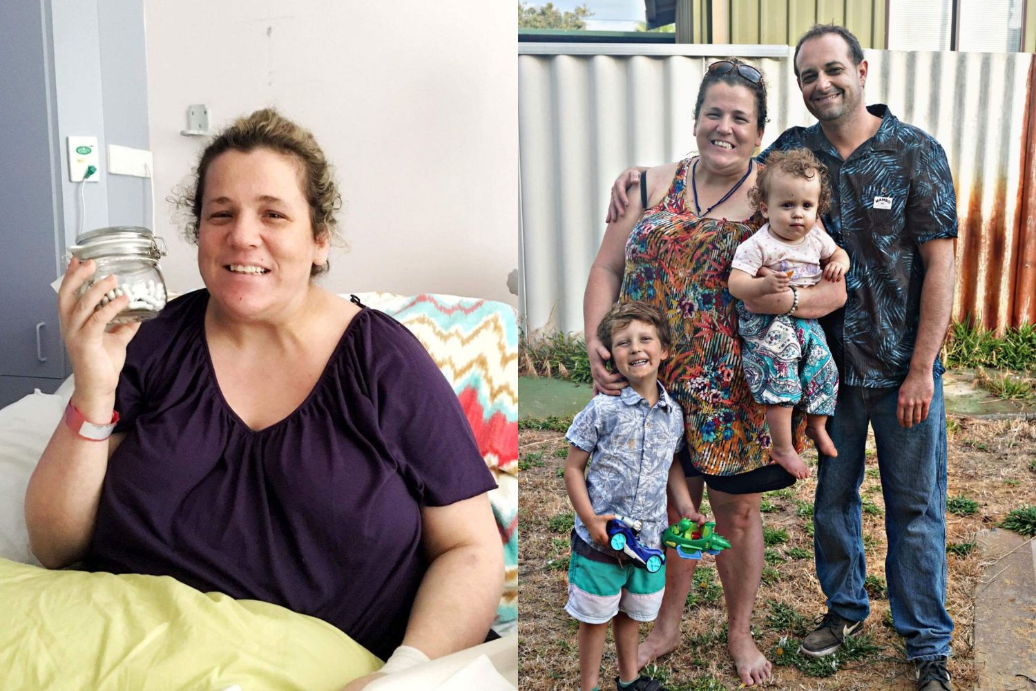 Left: Nicole in hospital sitting up in bed. Right: Nicole and her husband and children standing outside.